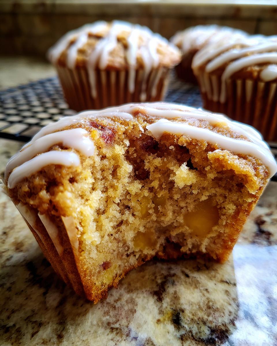 Close-up of a moist peach muffin with vanilla glaze, showing chunks of peach inside.
