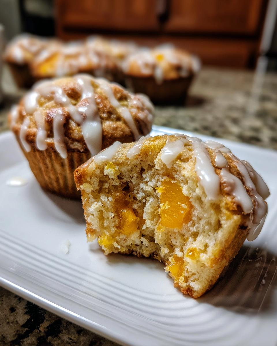 Close-up of a moist peach muffin with vanilla glaze, showing chunks of peach inside.