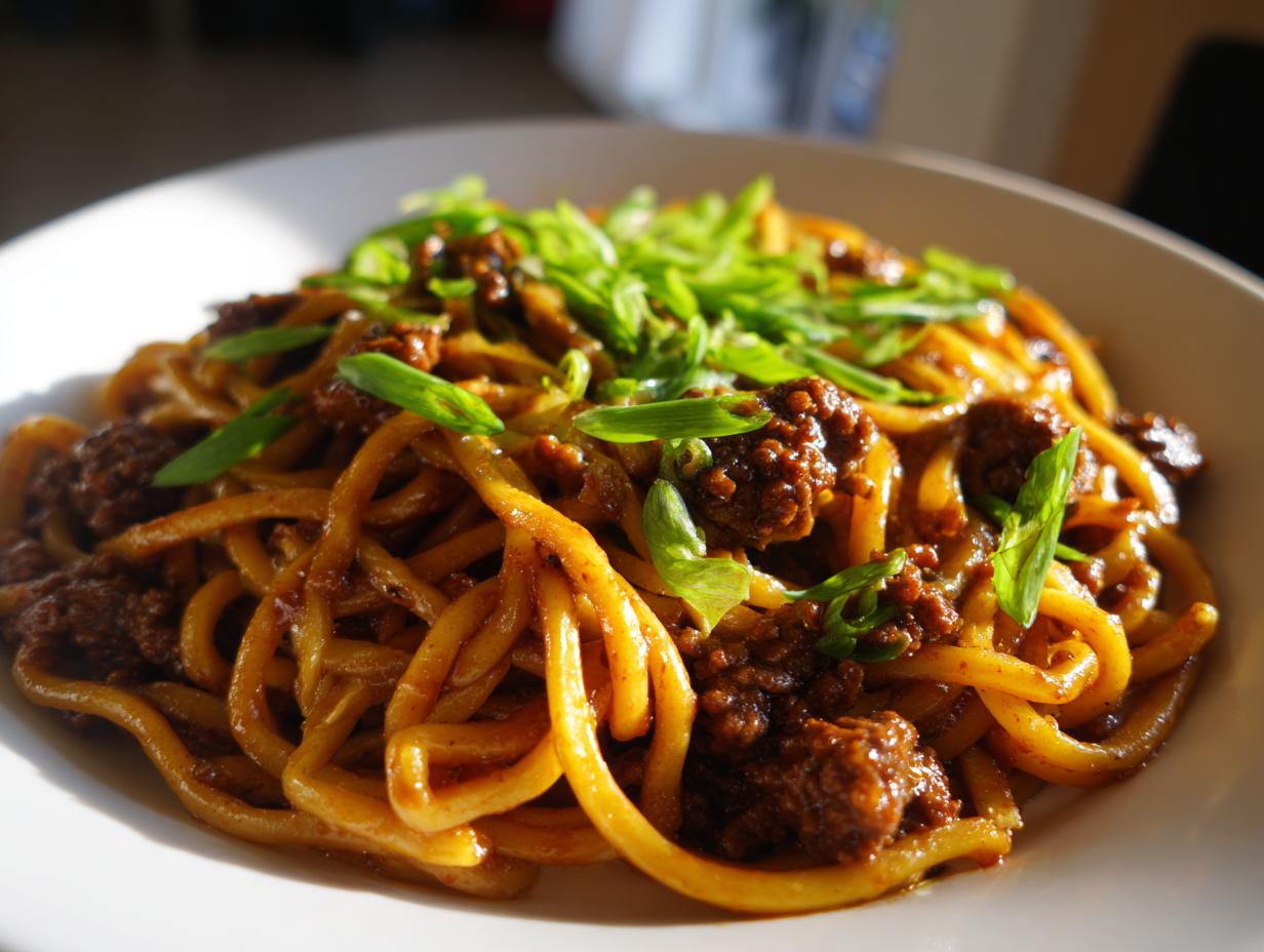 A close-up shot of a bowl of Mongolian Ground Beef Noodles, garnished with fresh green onions.