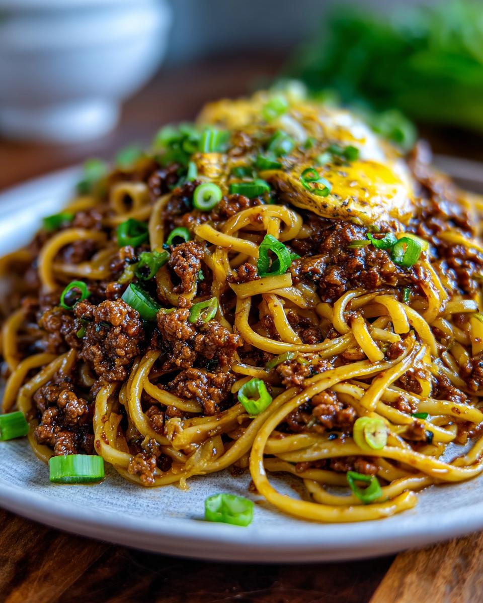 A plate of Mongolian Ground Beef Noodles topped with a fried egg and chopped green onions.
