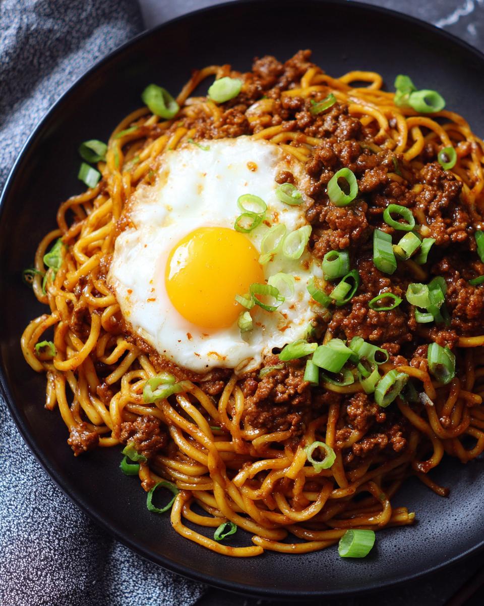 A close-up of Mongolian Ground Beef Noodles topped with a perfectly fried egg and chopped green onions.