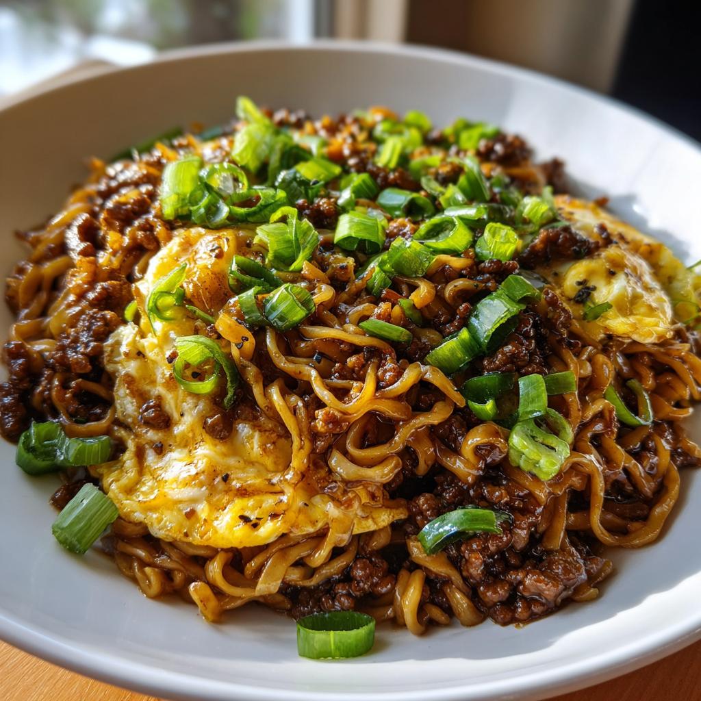 A close-up of Mongolian Ground Beef Noodles topped with a fried egg and chopped green onions.