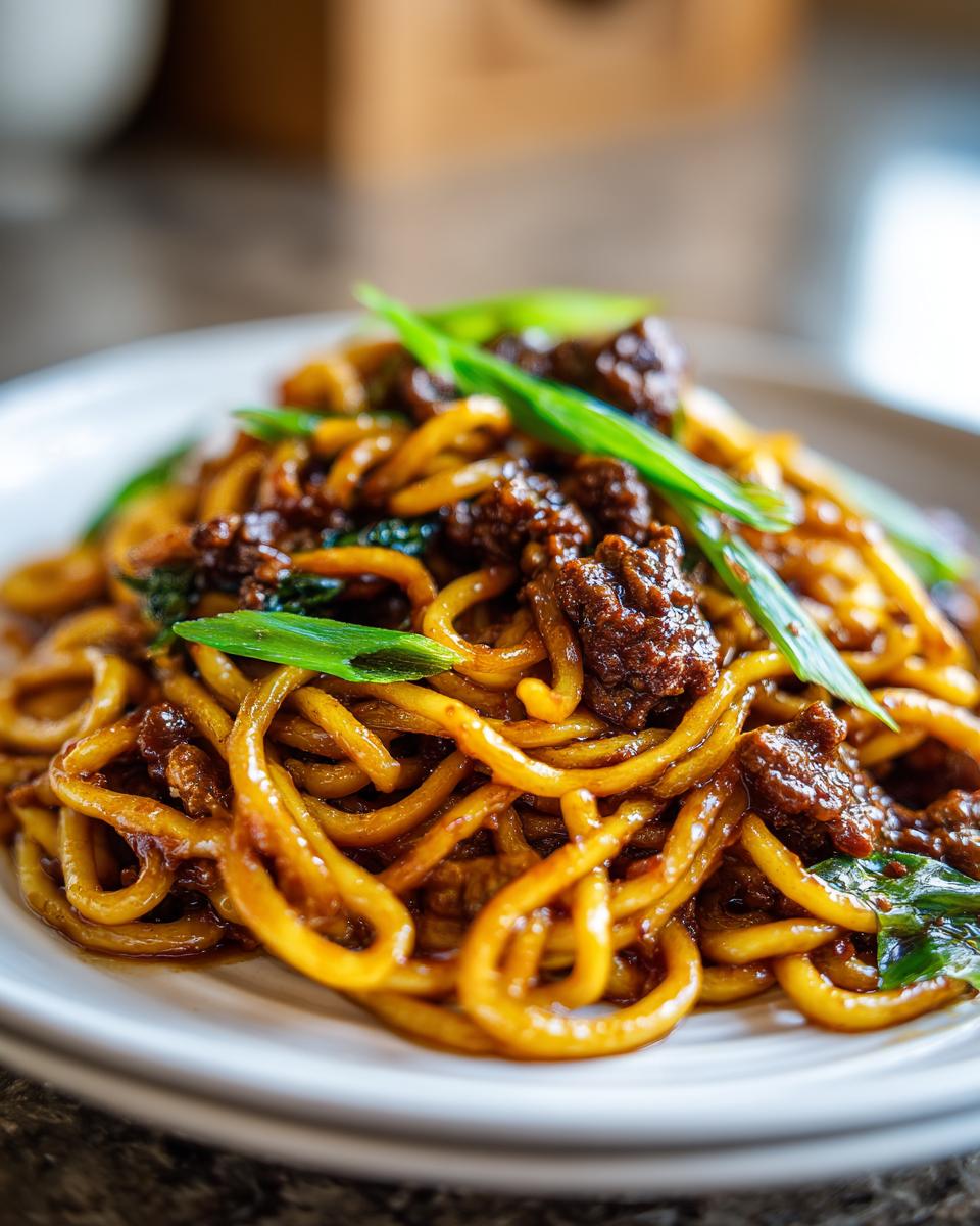 A close-up of a white plate filled with Mongolian Ground Beef Noodles, garnished with fresh green onions.