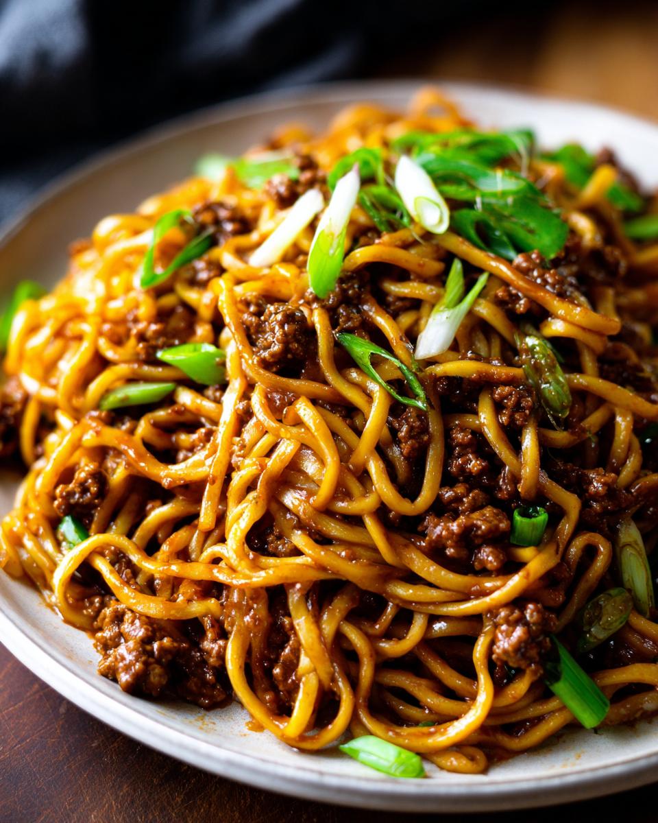 A close-up of a plate piled high with Mongolian Ground Beef Noodles, garnished with fresh green onions.