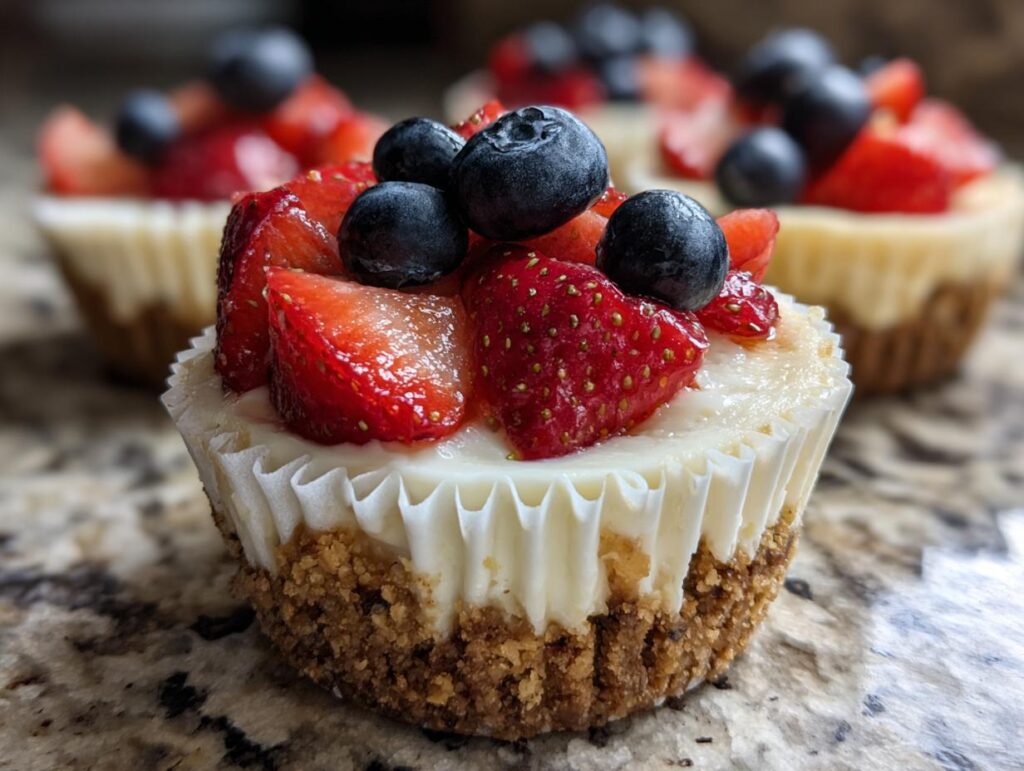 Close-up of a no-bake cheesecake cup topped with fresh strawberries and blueberries, perfect for Fourth of July desserts.