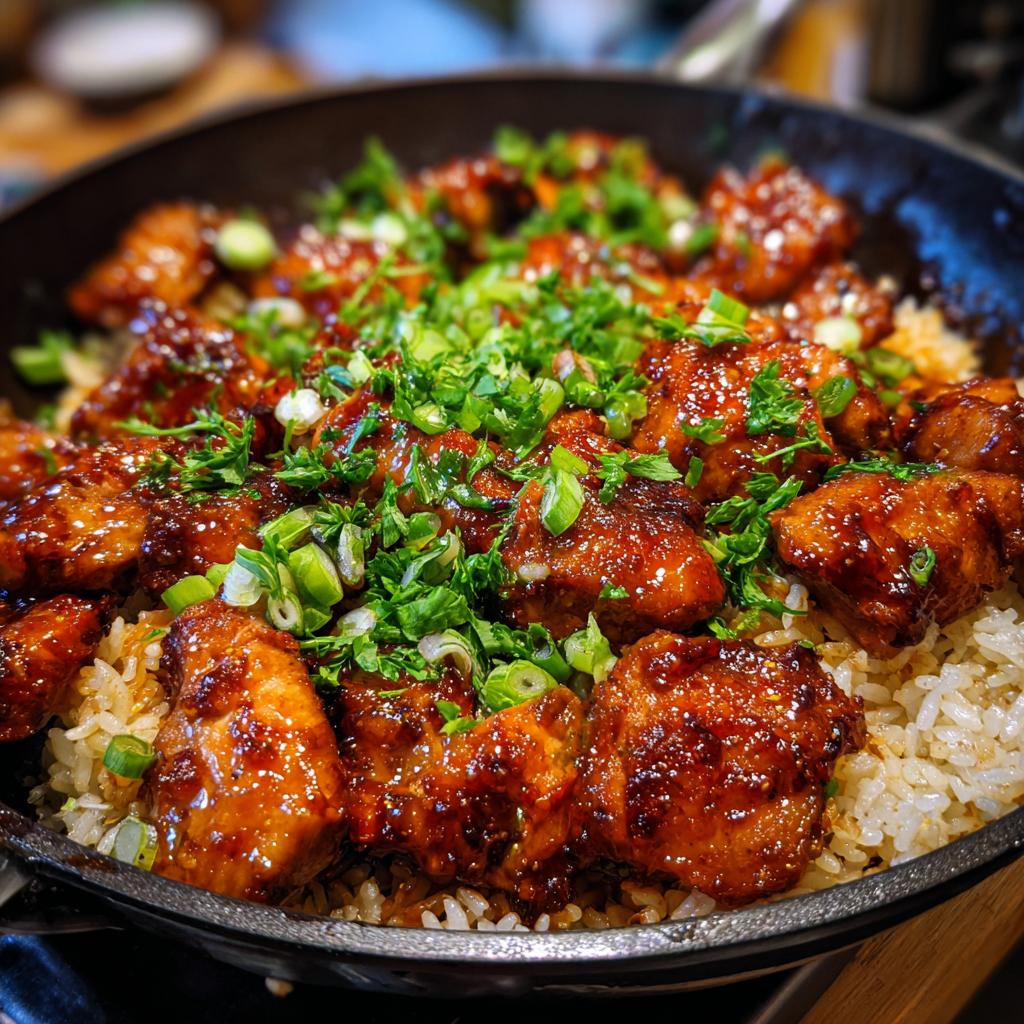 A close-up of one-pan honey BBQ chicken rice, featuring glazed chicken pieces served over fluffy rice and garnished with green onions and parsley.
