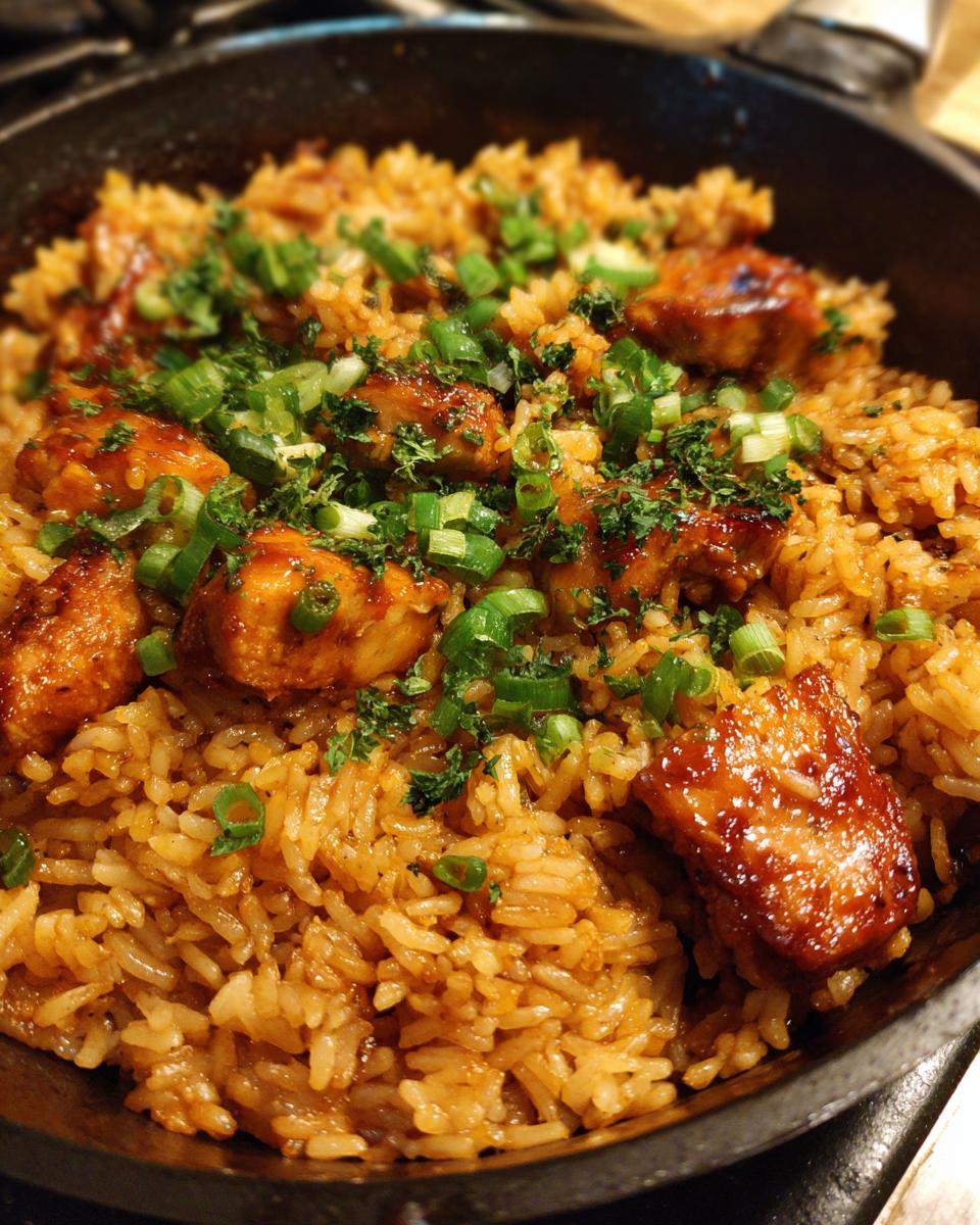 Close-up of delicious one-pan honey BBQ chicken rice garnished with chopped green onions and parsley.
