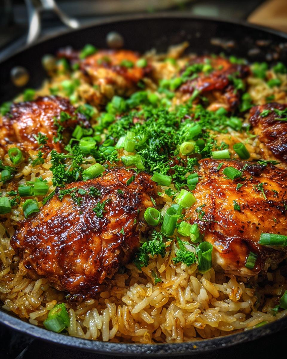 Close-up of glistening One-Pan Honey BBQ Chicken Rice, topped with fresh parsley and chopped green onions.