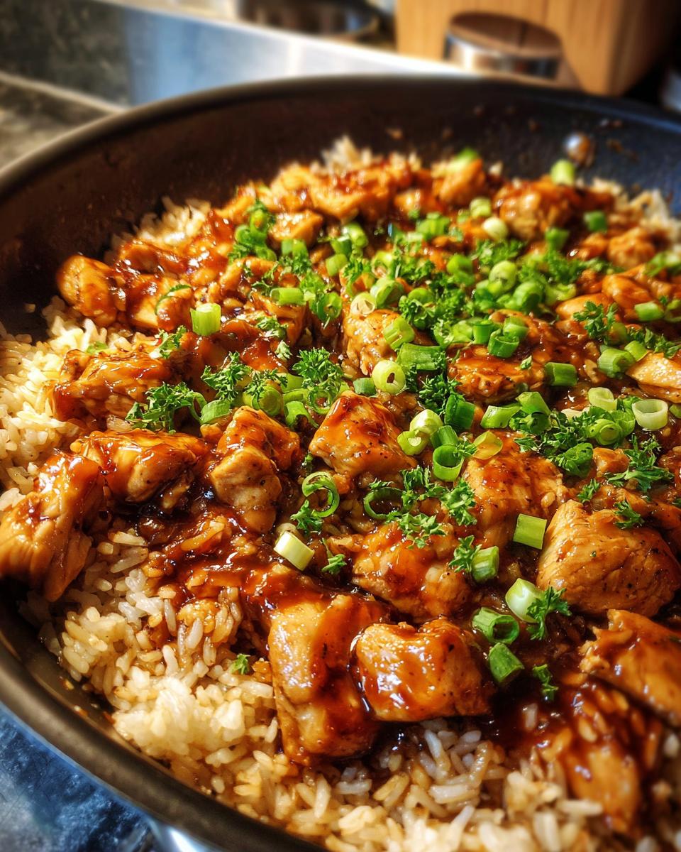 Close-up of One-Pan Honey BBQ Chicken Rice in a skillet, topped with chopped green onions and parsley.