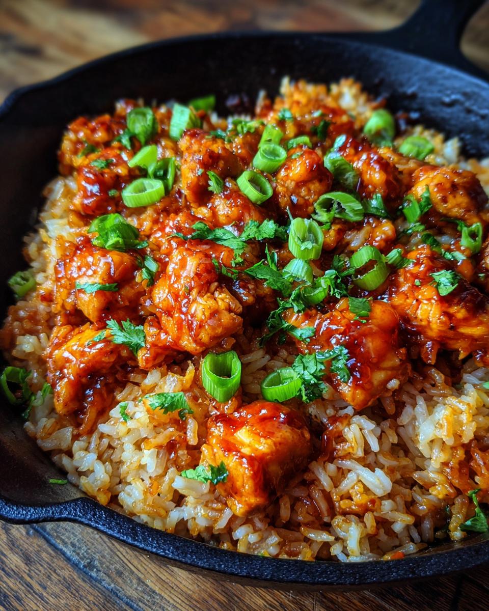Close-up of delicious One-Pan Honey BBQ Chicken Rice in a cast iron skillet, topped with green onions.