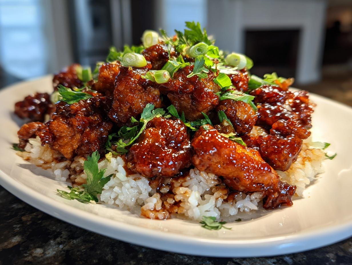 A plate of One-Pan Honey BBQ Chicken Rice topped with fresh herbs and green onions.