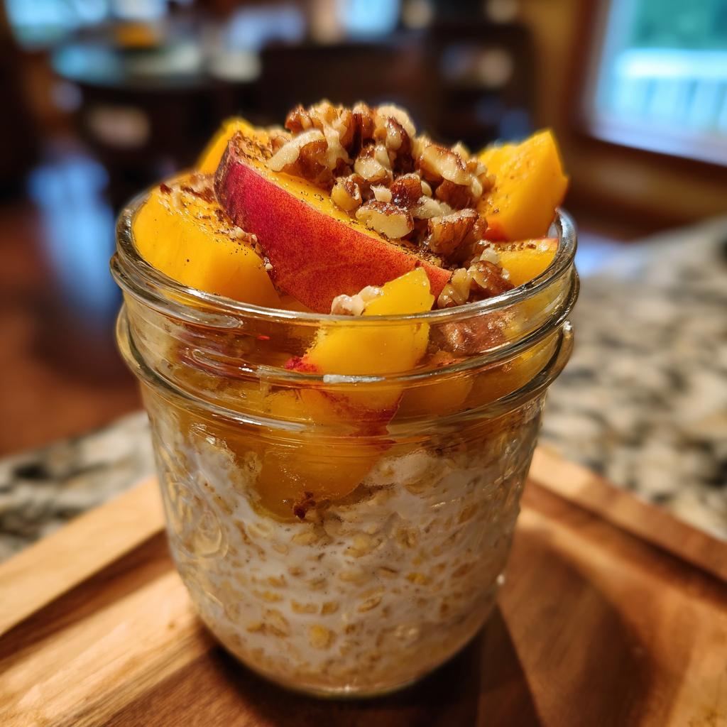 Overnight oats in a jar topped with fresh peach slices and chopped walnuts, part of peach recipes that make overnight oats taste like peach crisp.