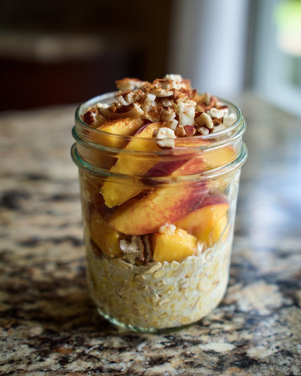Overnight oats layered with fresh peach slices and topped with chopped nuts and cinnamon in a glass jar.
