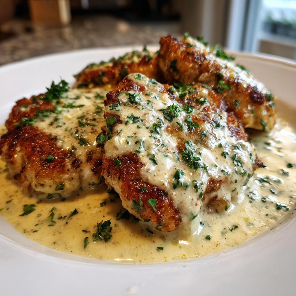 Close-up of golden Parmesan Crusted Chicken topped with a rich, creamy garlic sauce and fresh parsley.