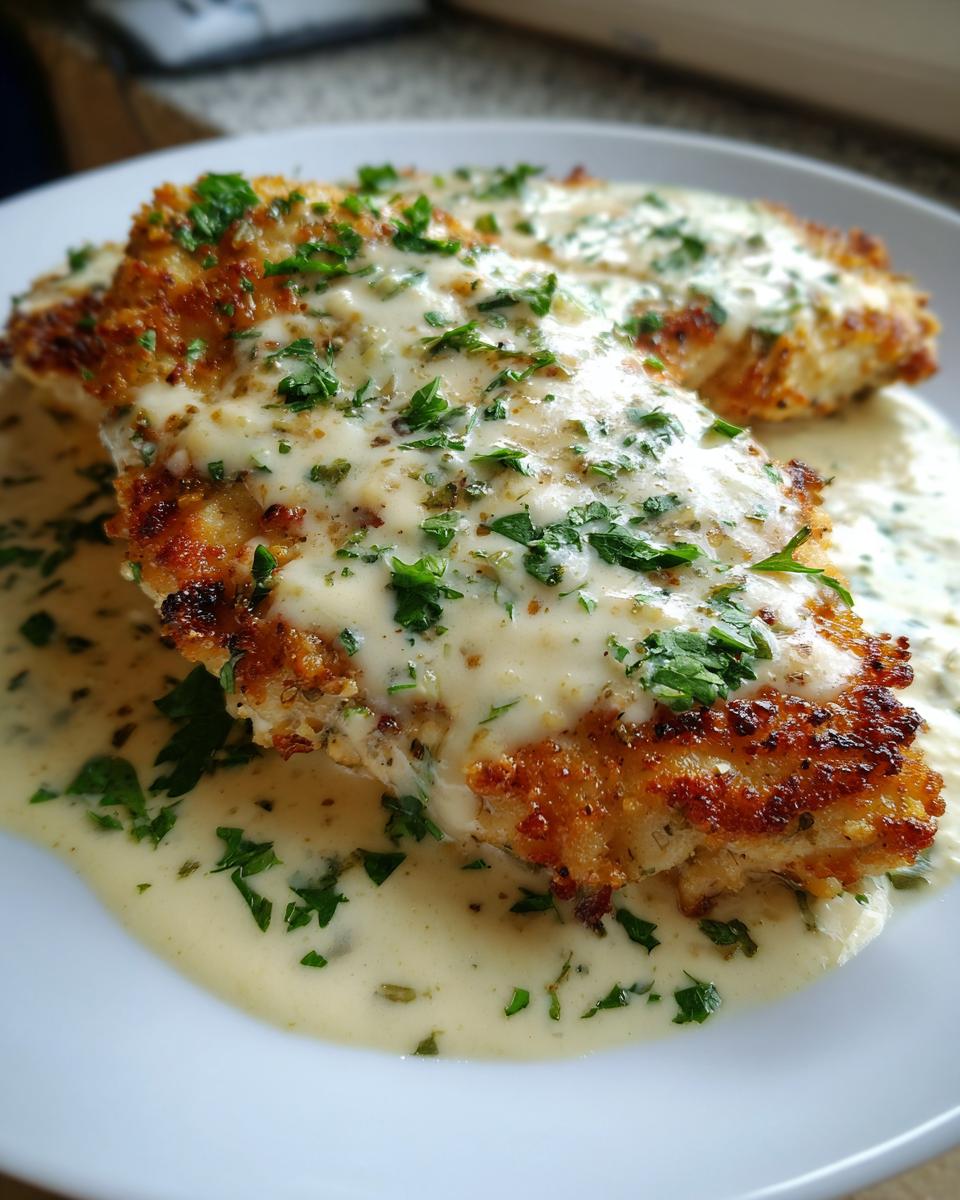 Close-up of delicious Parmesan Crusted Chicken topped with creamy garlic sauce and fresh parsley.