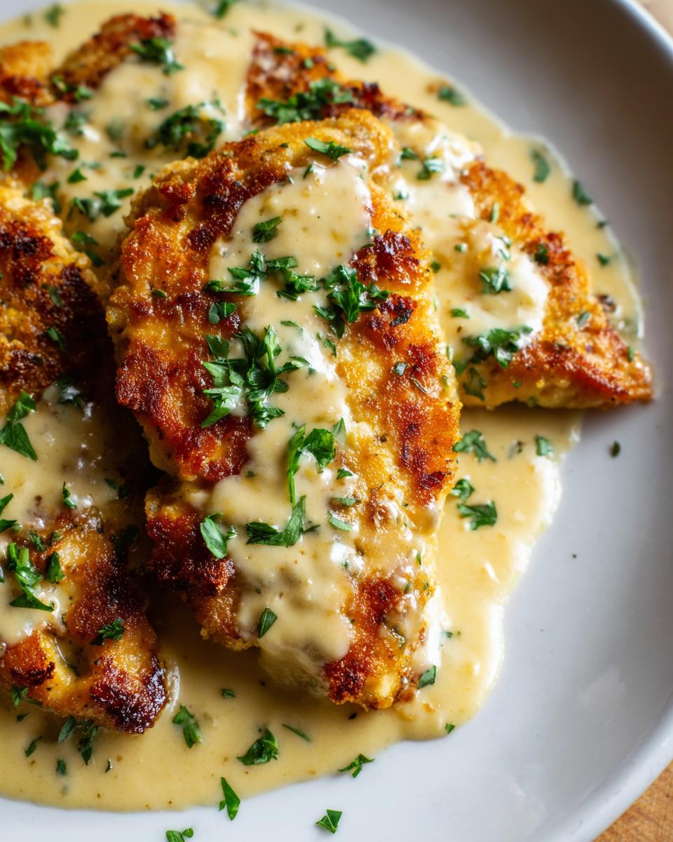 Close-up of golden Parmesan Crusted Chicken smothered in a rich, creamy garlic sauce and garnished with fresh parsley.