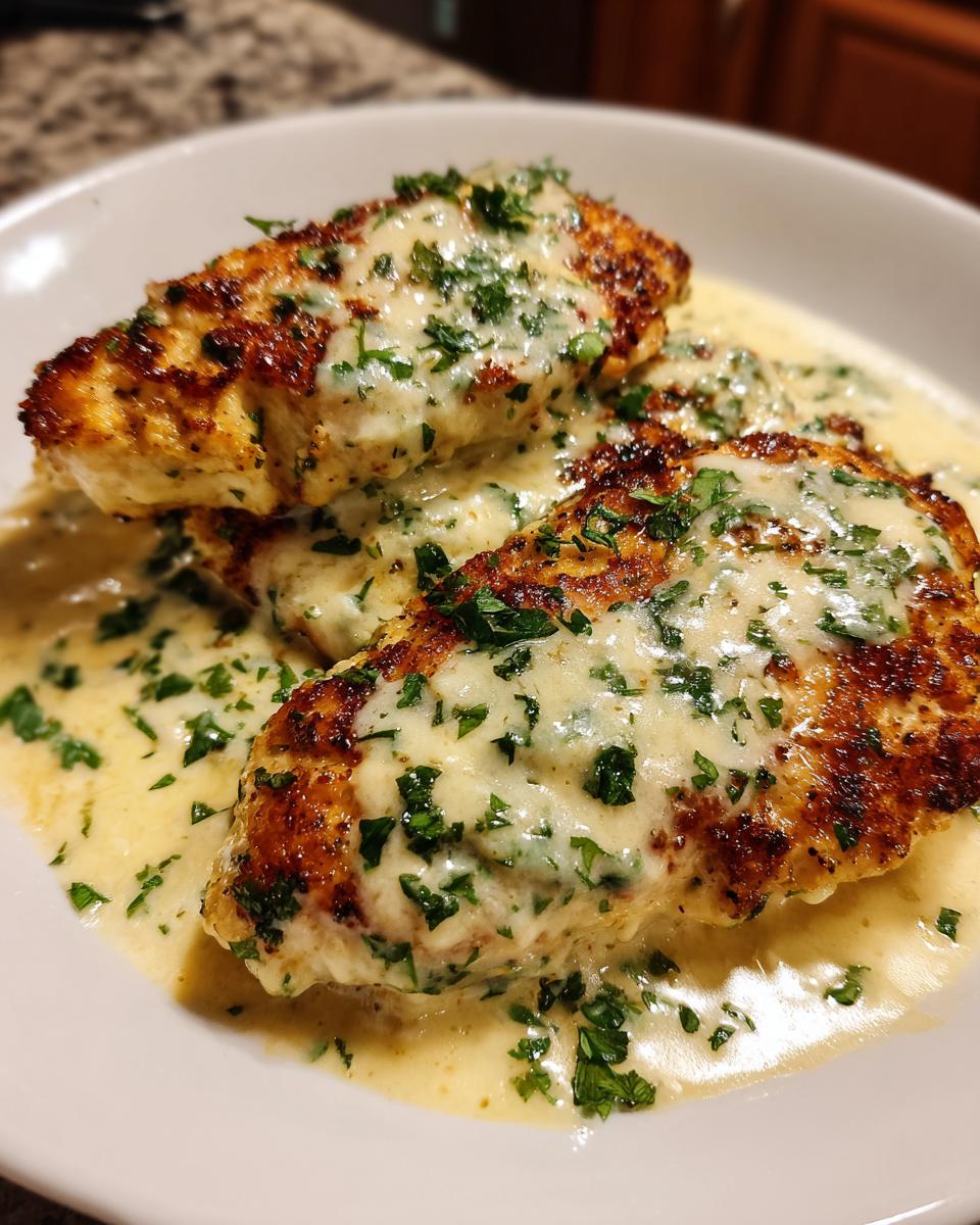 Three pieces of golden-brown Parmesan Crusted Chicken smothered in a rich, creamy garlic sauce and sprinkled with fresh parsley.