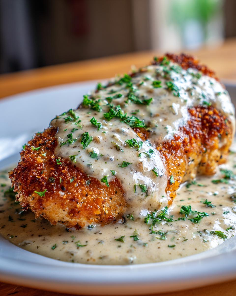 A golden-brown Parmesan crusted chicken breast generously topped with creamy garlic sauce and fresh parsley.