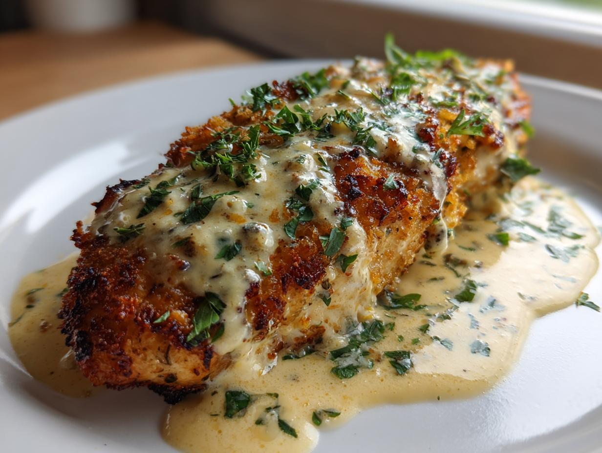 A close-up of a golden-brown Parmesan Crusted Chicken breast generously topped with creamy garlic sauce and fresh parsley.