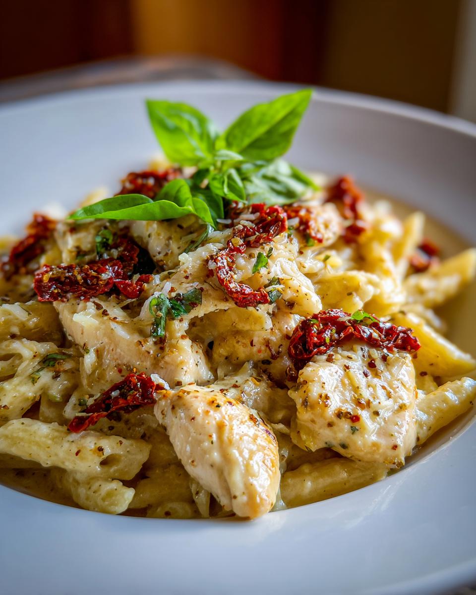 A close-up of creamy Parmesan Marry Me Chicken Pasta, topped with sun-dried tomatoes and fresh basil.