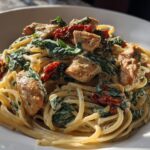 A close-up of creamy Parmesan Marry Me Chicken Pasta, featuring tender chicken pieces, spinach, and sun-dried tomatoes.
