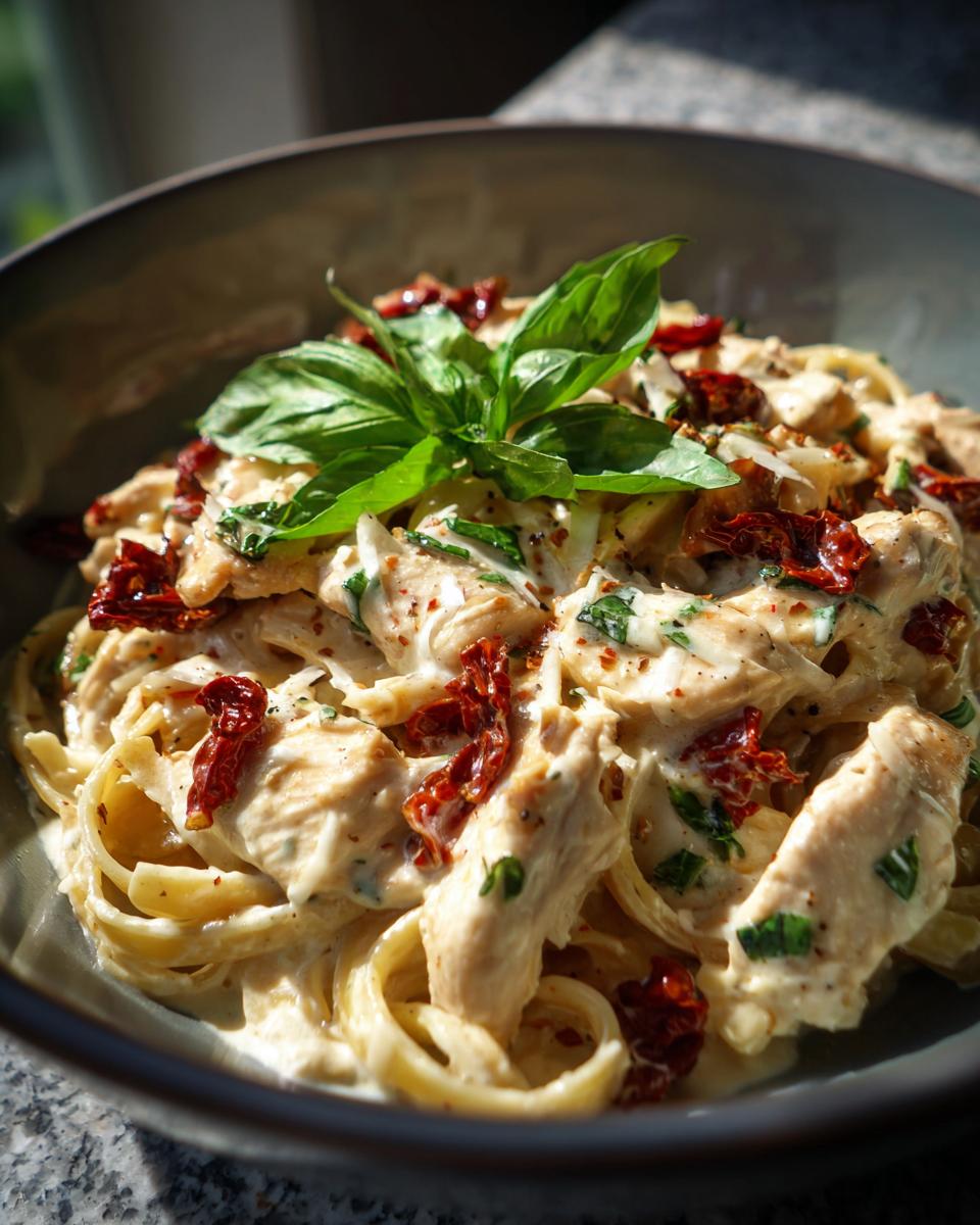 A close-up of creamy Parmesan Marry Me Chicken Pasta, garnished with fresh basil and sun-dried tomatoes.