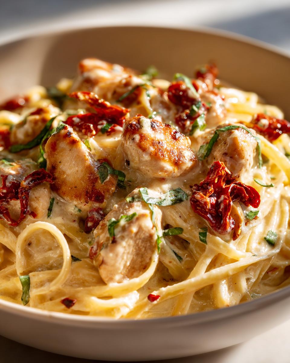 Close-up of creamy Parmesan Marry Me Chicken Pasta with sun-dried tomatoes and basil.