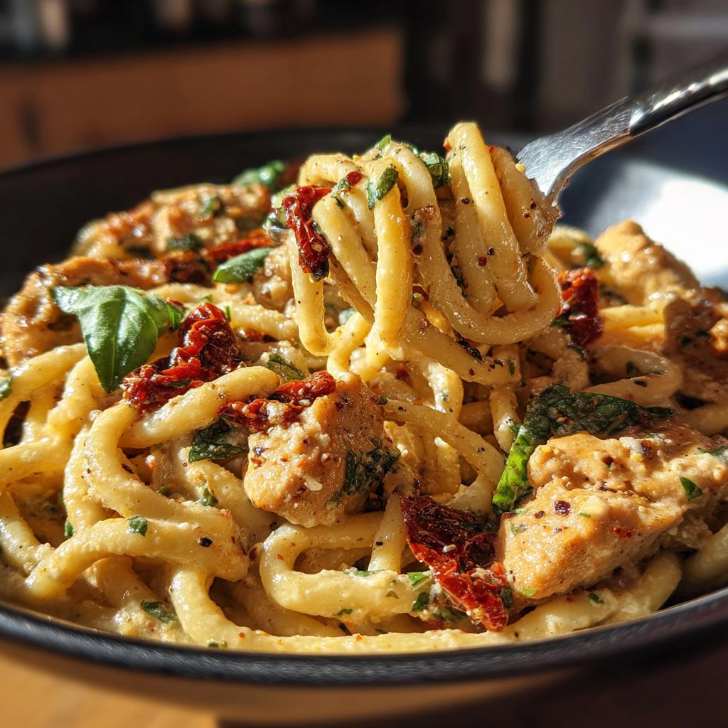 A fork lifting a swirl of Parmesan Marry Me Chicken Pasta, featuring creamy sauce, chicken pieces, sun-dried tomatoes, and basil.