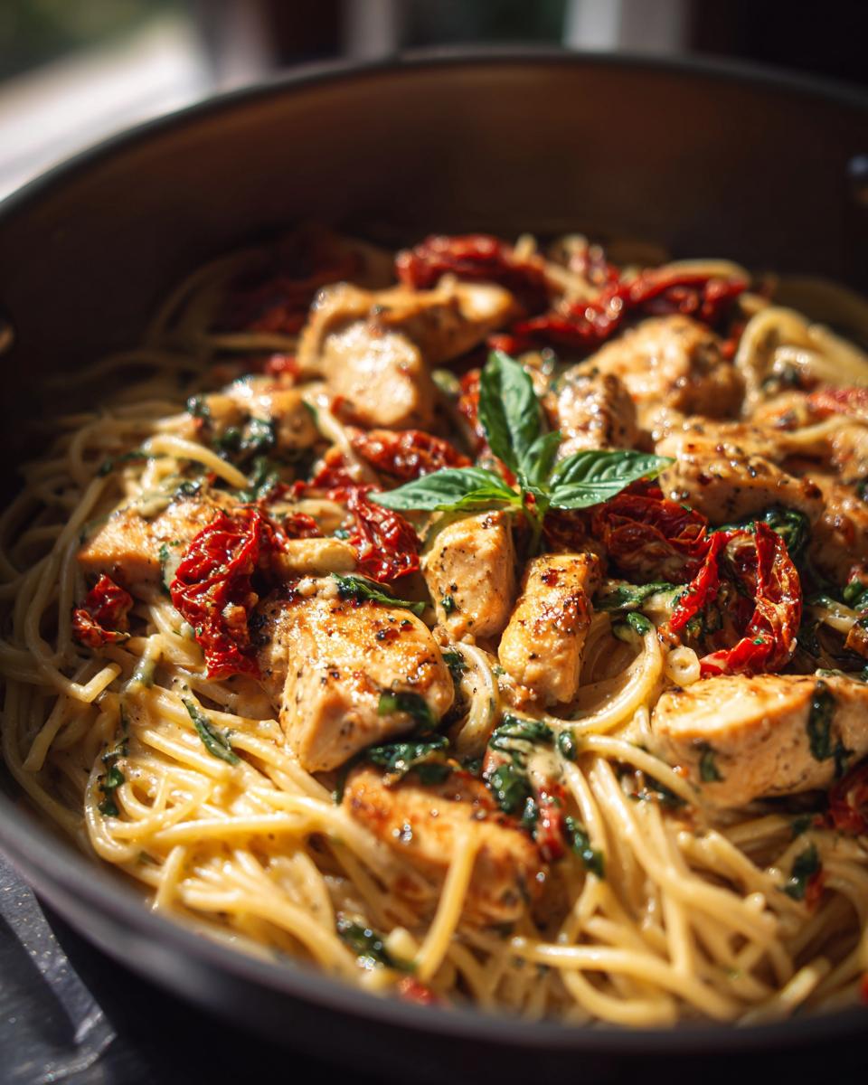 Close-up of Parmesan Marry Me Chicken Pasta with sun-dried tomatoes and basil in a pan.