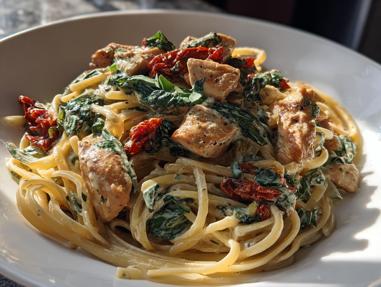 A close-up of creamy Parmesan Marry Me Chicken Pasta, featuring tender chicken pieces, spinach, and sun-dried tomatoes.