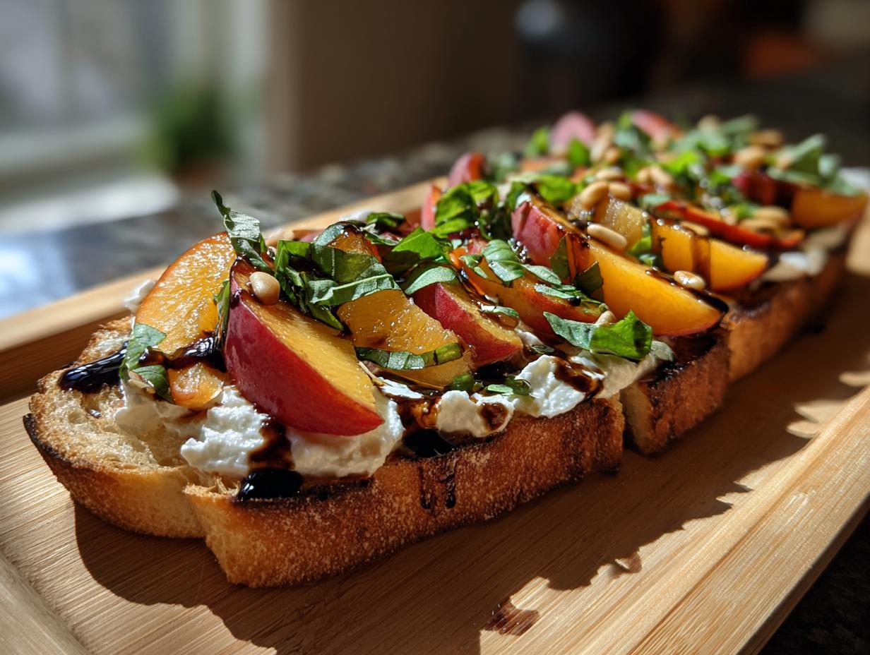Close-up of toasted bread topped with burrata cheese, fresh peach slices, basil, pine nuts, and balsamic glaze.