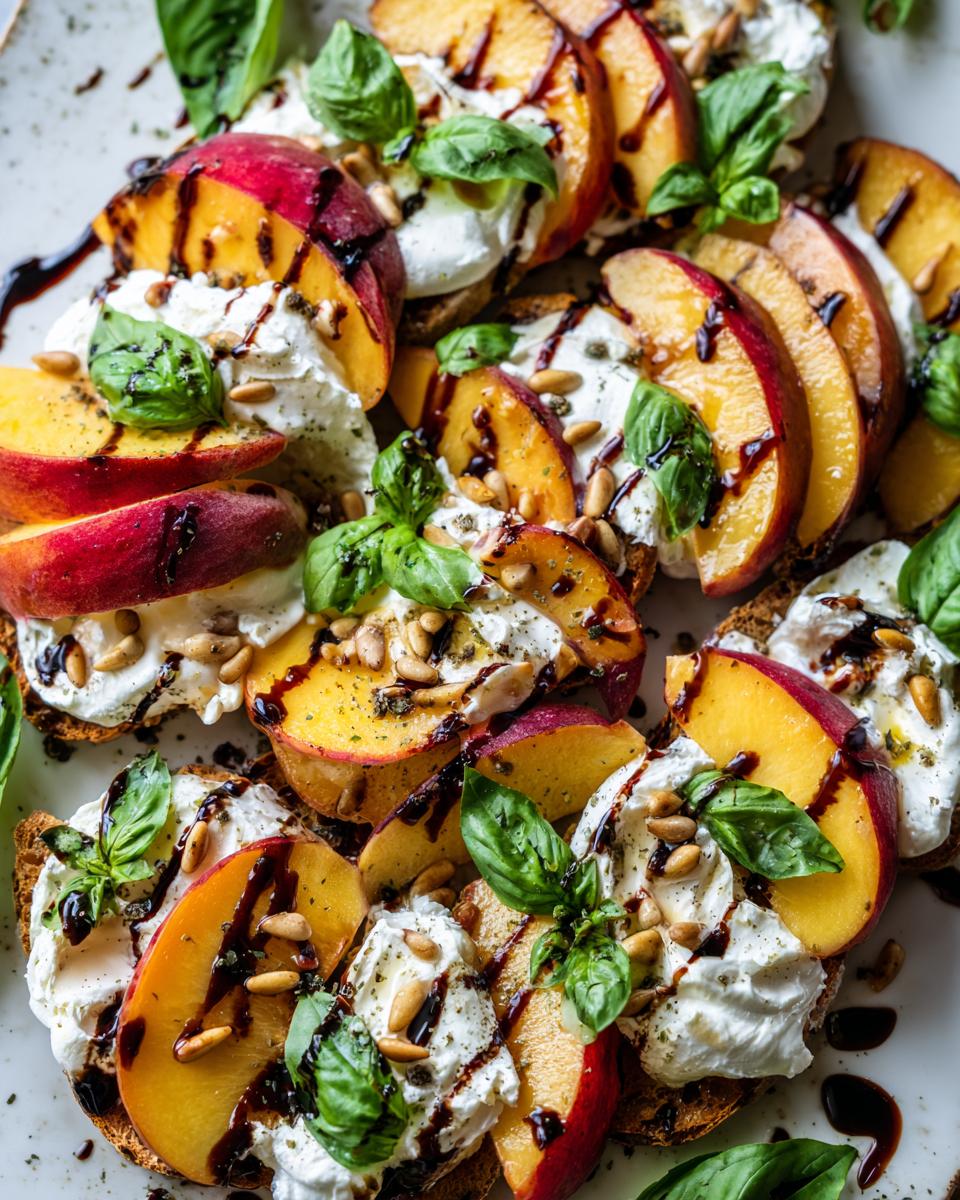 Close-up of a summer salad recipe featuring peach burrata platters with fresh peaches, creamy burrata, basil, and balsamic glaze.