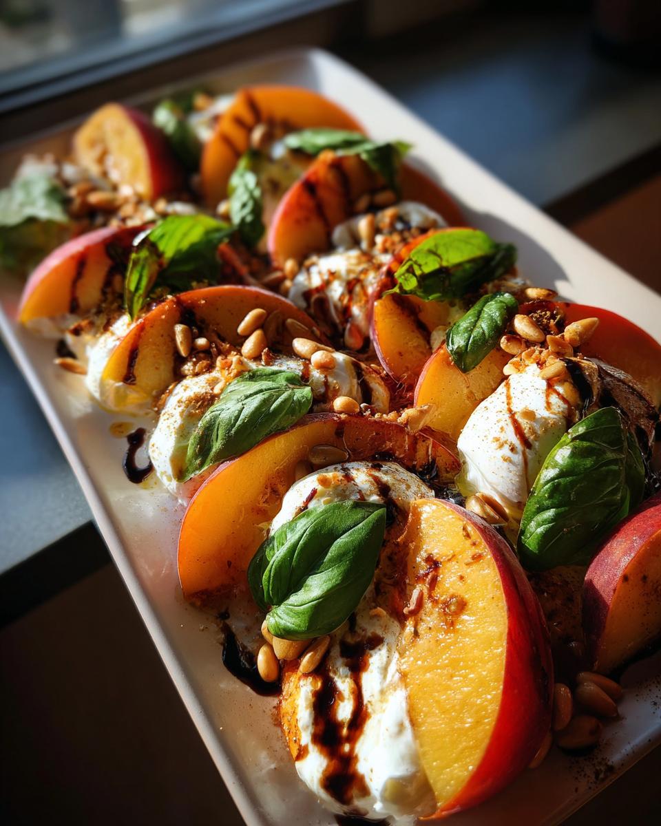 A refreshing peach burrata platter with fresh basil, pine nuts, and balsamic glaze, perfect for summer salad recipes.