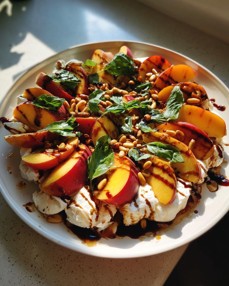 A vibrant summer salad featuring grilled peaches, creamy burrata cheese, fresh basil, pine nuts, and balsamic glaze.