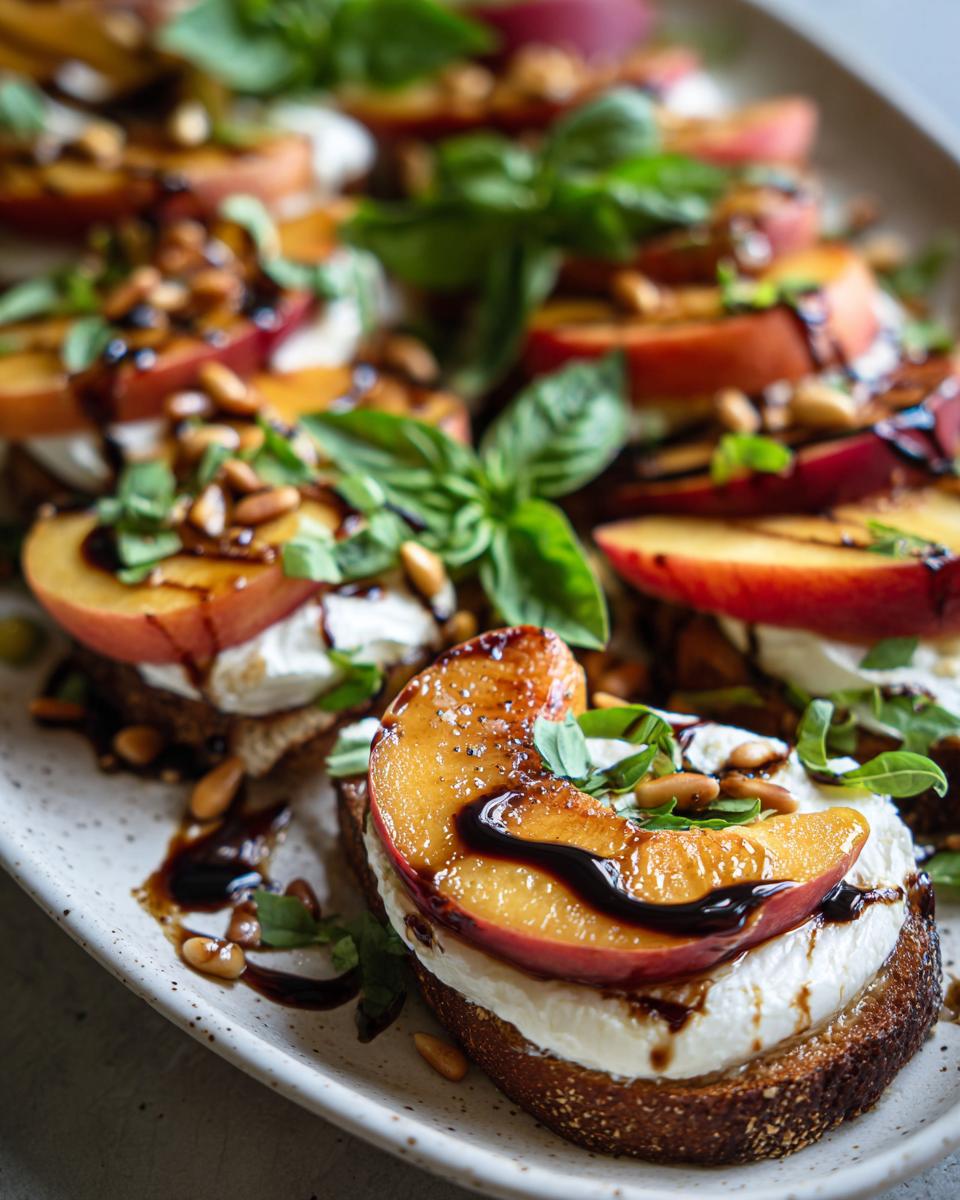 Close-up of grilled peaches and burrata cheese on toast, drizzled with balsamic glaze and topped with basil and pine nuts.