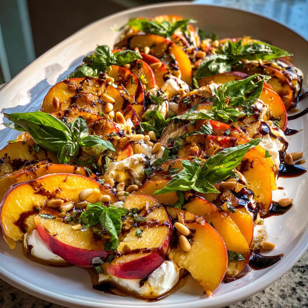 A beautiful summer salad platter featuring grilled peaches, creamy burrata cheese, fresh basil, pine nuts, and a balsamic glaze.