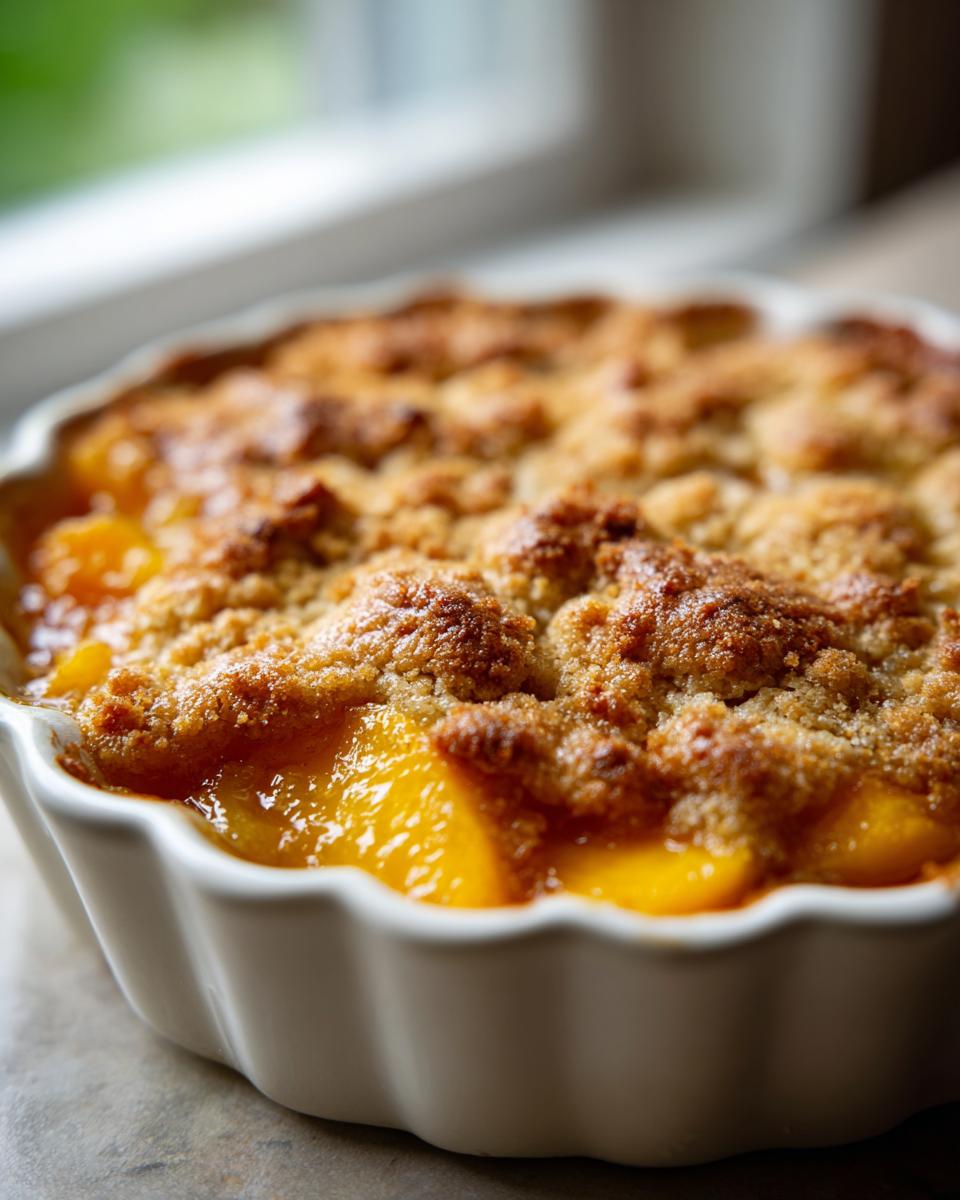 Close-up of a golden brown peach cobbler with brown sugar topping in a white baking dish.