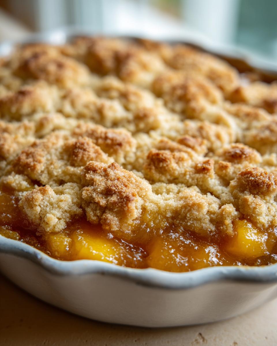 Close-up of a freshly baked Peach Cobbler with brown sugar topping, showing juicy peaches underneath.