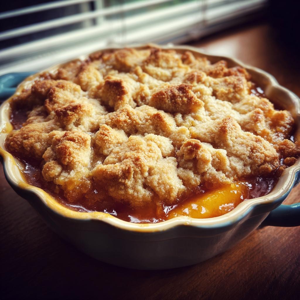 A close-up of a baked peach cobbler with a golden brown, crumbly brown sugar topping.