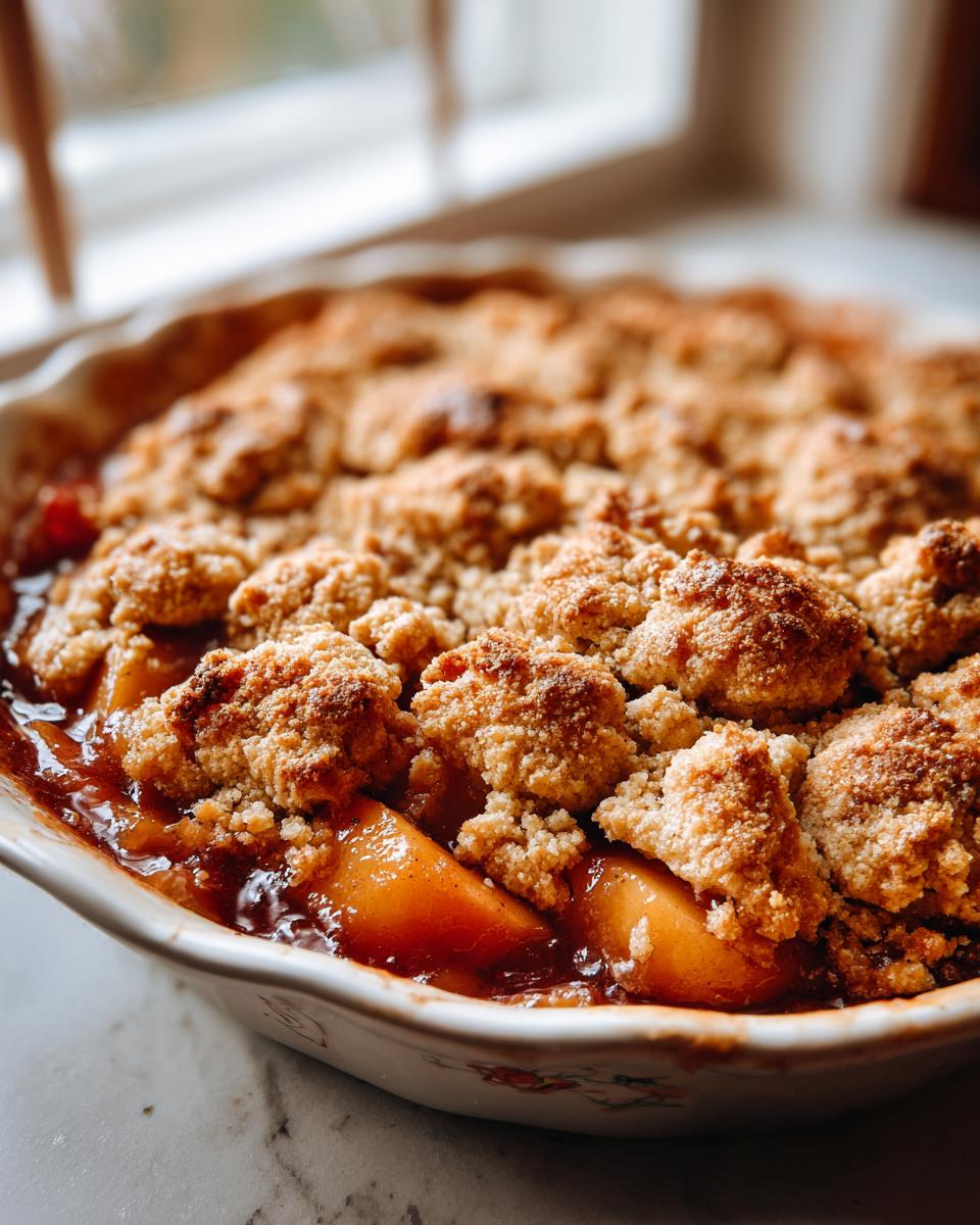 Close-up of a golden brown peach cobbler with a crumbly brown sugar topping, showcasing baked peaches underneath.