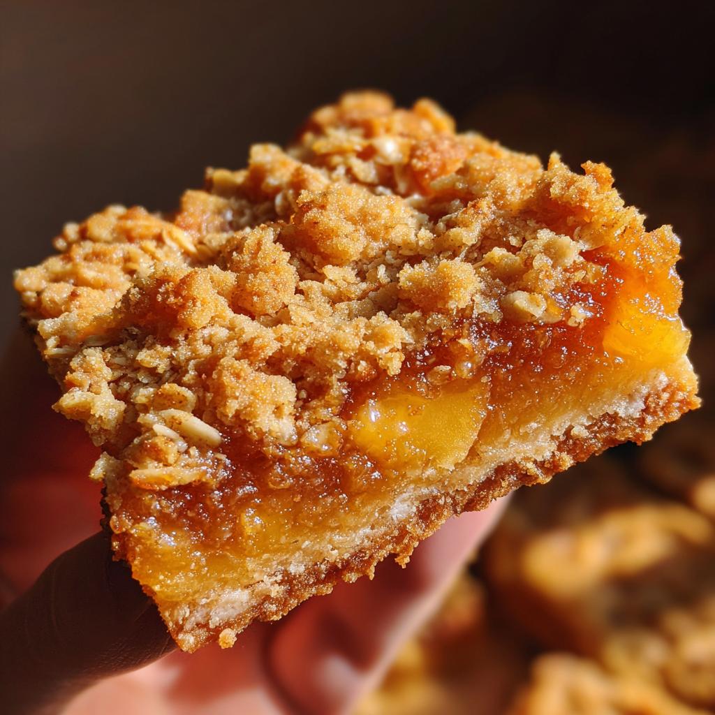 A close-up of a peach crumble bar with a buttery oat topping, showcasing the layers of fruit and crumb.