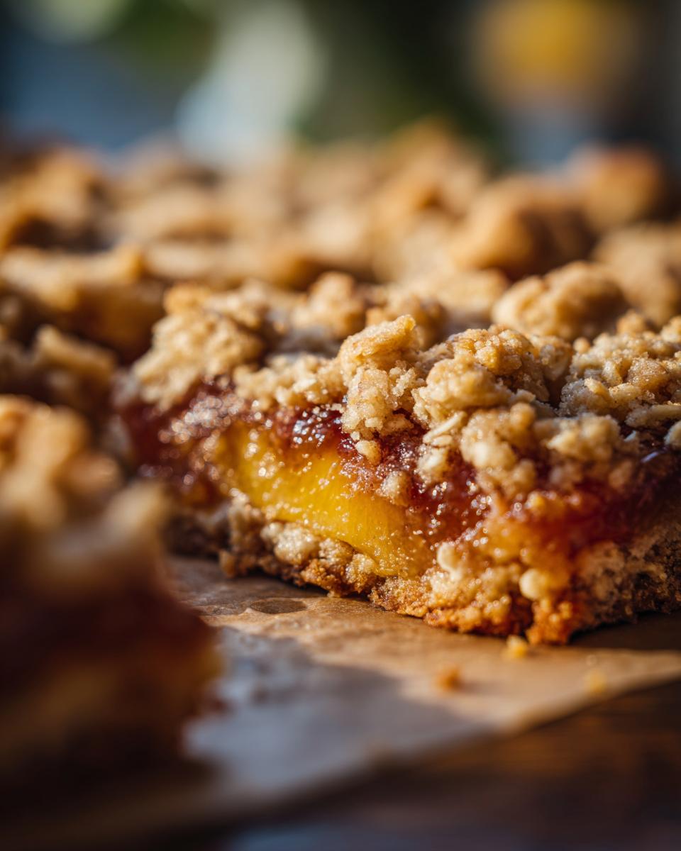 Close-up of a slice of peach crumble bars with a thick layer of juicy peaches and a buttery oat topping.
