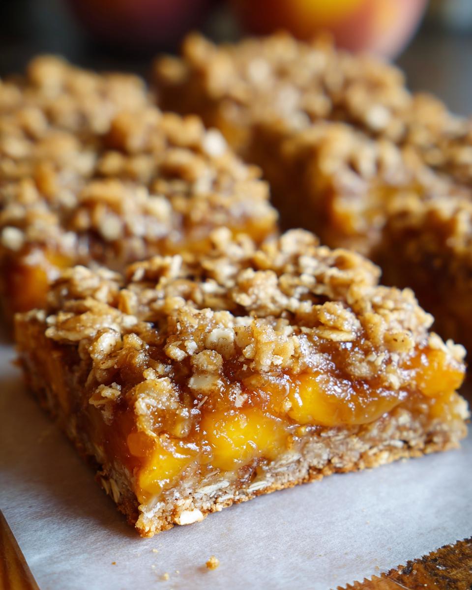 Close-up of a slice of peach crumble bars with a thick layer of juicy peaches and a golden buttery oat topping.