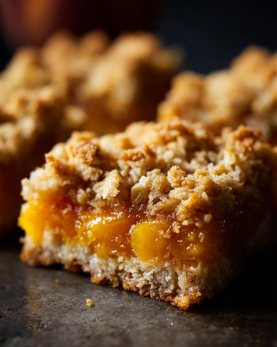 Close-up of a peach crumble bar with a thick layer of juicy peaches and a buttery oat topping.
