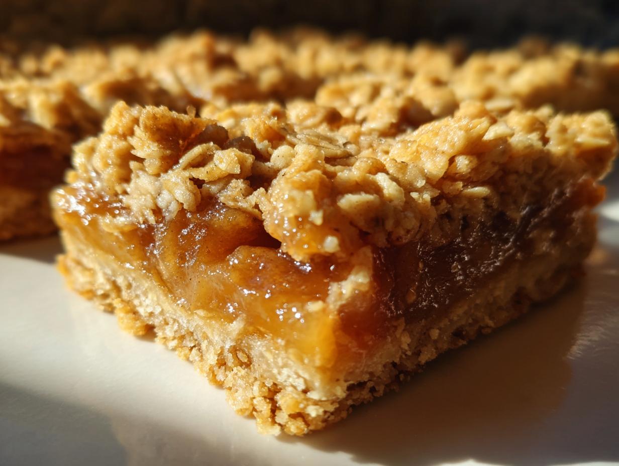 Close-up of a slice of peach crumble bars with a buttery oat topping and a gooey peach filling.