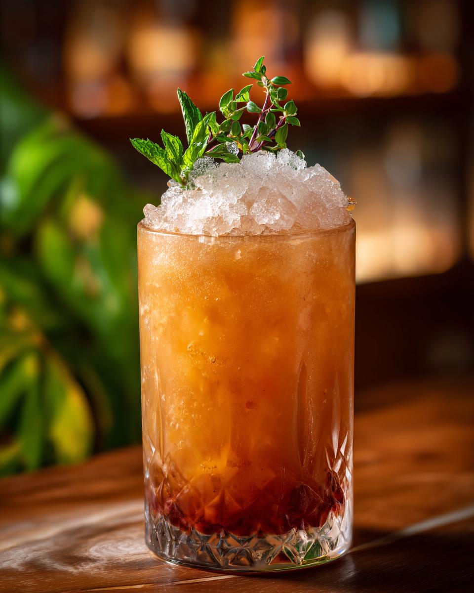 A refreshing peach iced tea slush cocktail garnished with mint and thyme, perfect for hot afternoons.