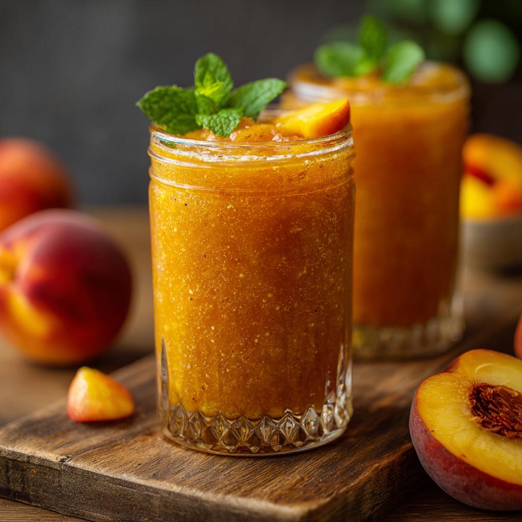 Refreshing peach iced tea slush in a glass jar, garnished with mint and a peach slice. Perfect for hot afternoons.