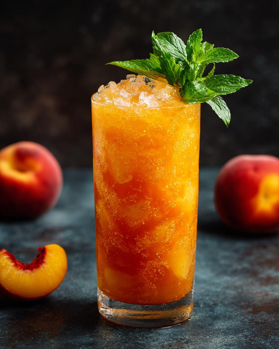 A tall glass filled with a vibrant peach iced tea slush, topped with crushed ice and fresh mint, with whole peaches and a peach slice in the background.