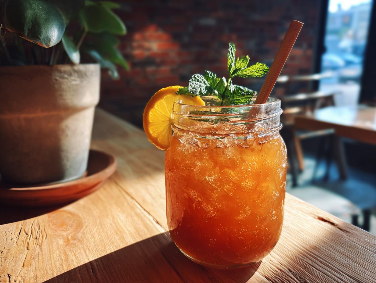 A refreshing glass of peach iced tea slush with a lemon slice and mint, perfect for hot afternoons.