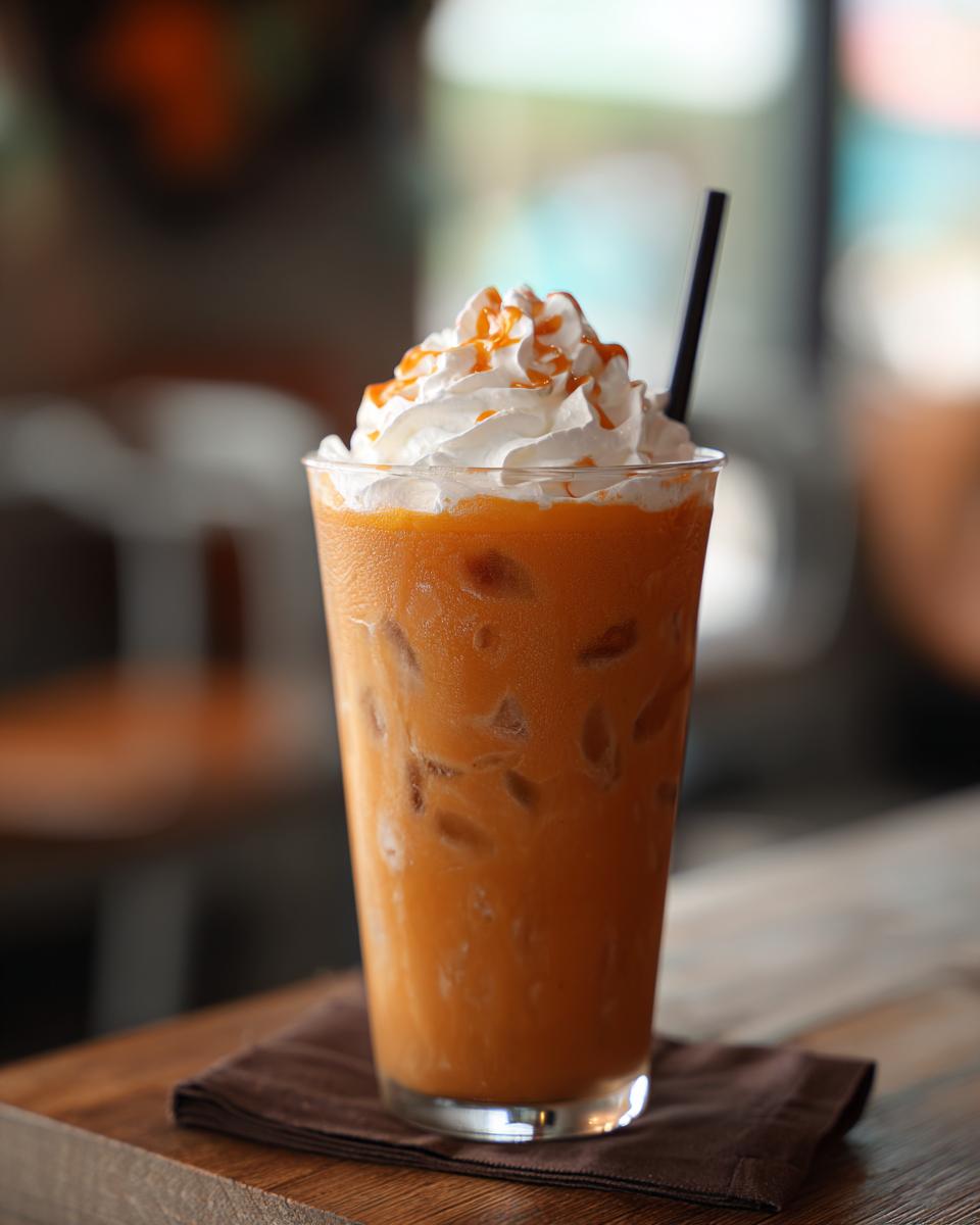 A tall glass of peach iced tea slush topped with whipped cream and caramel drizzle, perfect for peach recipes with iced tea slush.